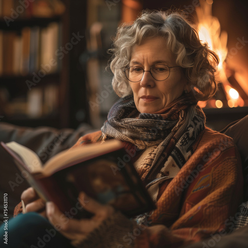 Intimate portrait of a thoughtful mature woman deeply engrossed in reading a novel, cozy evening by the fireside in a home library setting.