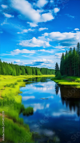The image is of a beautiful blue lake surrounded by green trees under a blue sky with white clouds.