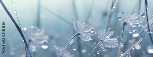 Close-up of delicate white flower petals covered in glistening water droplets against a soft blurred background in shades of blue.
