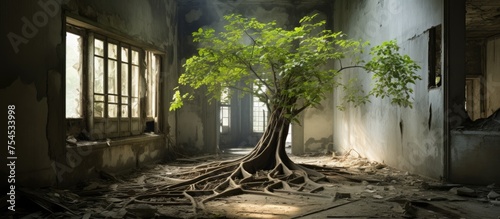 A tree is seen sprouting from the ground inside a decrepit building, showcasing natures resilience amidst urban decay.