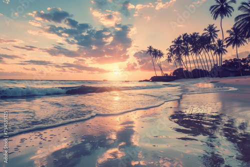 A serene sunset over a tropical beach, palm trees silhouetted against a sky painted in warm hues of orange and pink. Waves gently lapping the shore