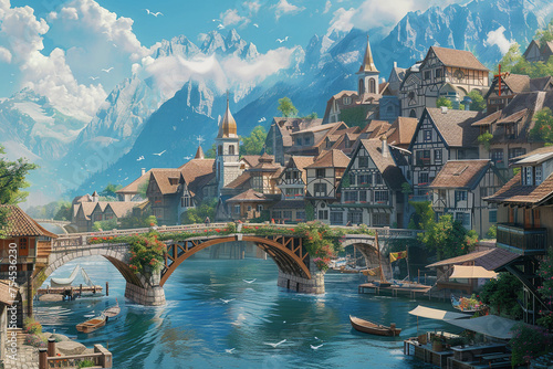 riverside town with bridges, boats on the river