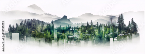 City and nature, green and blue colors, photo manipulation, surrealism, matte painting