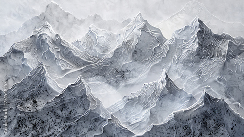 Thick silver filigree contours of various Himalayan mountain ranges come alive as the fog recedes, delicate stylized patchwork. Generative AI