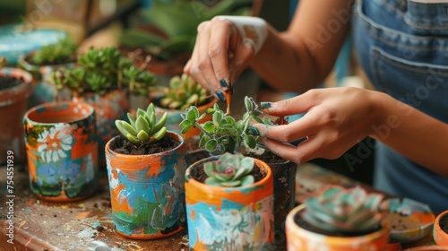 This woman plants plants in unique pots. This woman has a hobby of gardening. Generate AI image