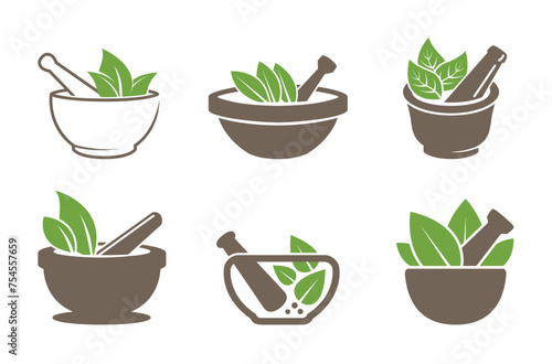 Creative bowl leaves therapy ayurveda pharma collection logo vector symbol design illustration