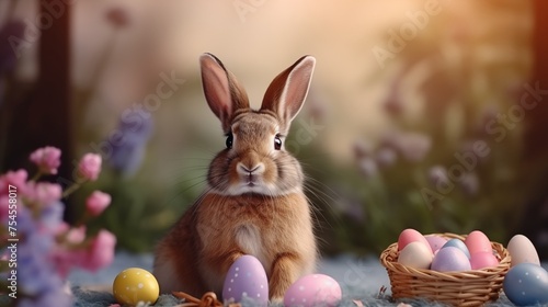 Easter hunt concept with eggs and hare