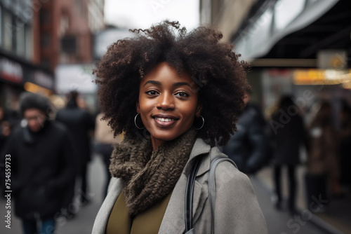 Black Beautiful Woman in her 20s or 30s talking head shoulders shot bokeh out of focus background on a cosmopolitan western street vox pop website review or questionnaire candid photo