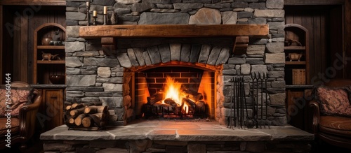A front view of a stone fireplace in a rural house, with a roaring fire burning brightly. The flames flicker and dance, casting a warm glow in the room.
