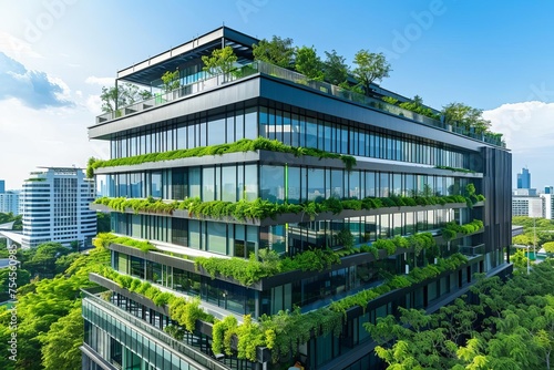 Eco-friendly modern office building Green architecture Panoramic cityscape view