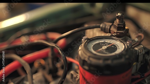 A mechanic's selective focus while using a voltmeter on a car battery showcases precision in auto repair