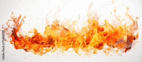 A close-up view of fiery flames raging vigorously against a stark white background. The flames dance and flicker, showcasing their vibrant red, orange, and yellow hues in a mesmerizing display of heat
