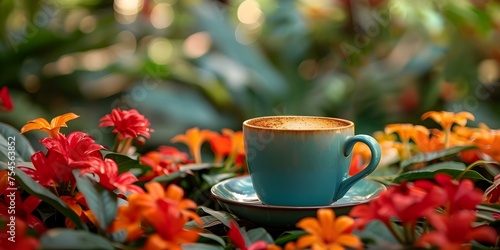 A Colorful Coffee Cup in a Garden Setting Enhances the Serene Beauty of Nature. Concept Outdoor Photoshoot, Colorful Props, Nature Photography, Serene Settings, Coffee Cup Photography