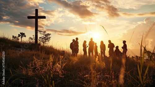 Christian young people around wooden christian cross. Christian community and faith in Jesus Christ concept