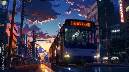 a bus driving in tokyo city in japan in the evening. anime cozy lofi artstyle. wallpaper background 16:9