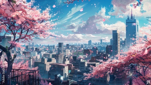 a beautiful view on tokyo japanese skyline city with scyscraper office buildings. anime cartoonish artstyle. cherry blossom growing. wallpaper background 16:9