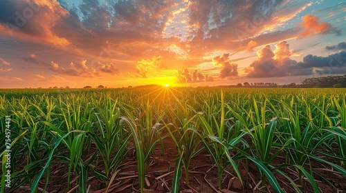 sugarcane field and cloudy sky at sunset 
