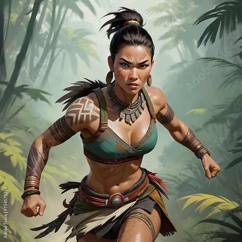 Prehistoric strong huntress warrior hunting in the forest, woman warrior ring in the lush greenery woods in search of prey, warrior hunting. Generative AI