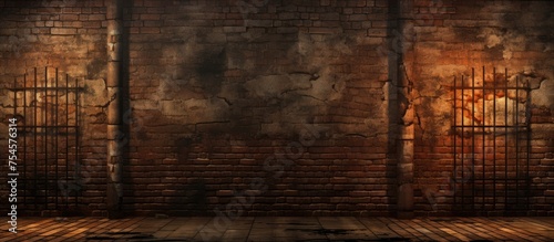 A dark room with a prominent old prison brick wall and a sturdy gate standing in the center. Light filters through the cracks in the bricks, casting shadows across the floor.