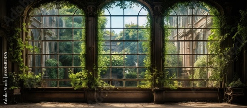The image shows a large vintage window with ivy vines creeping up its frame. The green ivy contrasts against the windows aged wood, creating a rustic and charming scene.