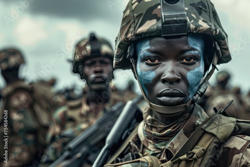A woman in a military uniform with blue face paint stands in front of a group of soldiers. Concept of International Day of United Nations Peacekeepers