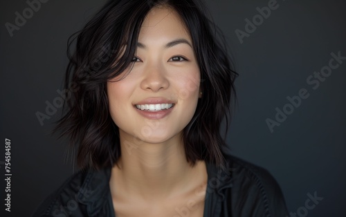 A woman with short hair and a black shirt is smiling. She has a light skin tone and is wearing a black shirt