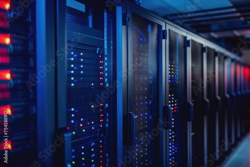 modern data technology centre server racks in a dark room