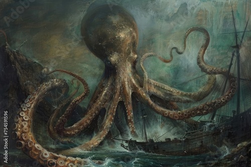 A surrealistic painting of a colossal squid lurking in the depths, its massive tentacles coiled around a sunken shipwreck in a scene of eerie beauty