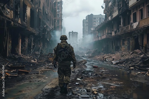 Lone soldier navigating through the ruins of a devastated city Symbolizing resilience and the aftermath of conflict