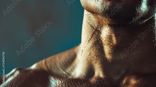 Kraft in Fokus: Der muskulöse Hals eines athletischen Mannes mit laufenden Schweißtropfen nach dem Training.