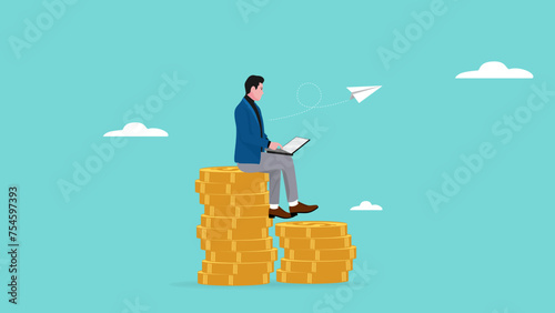 businessman working using a laptop on a pile of golden coins, earn money from online business or work concept vector illustration