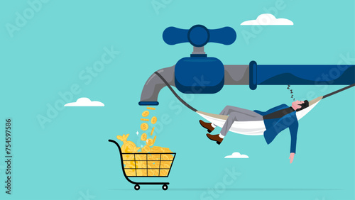 passive income from stock investment dividends, sleeping businessman hanging from a water tap that dispenses golden coins collected in a shopping cart, income from auto pilot business or investment
