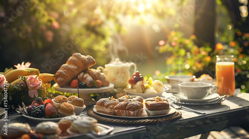 a birthday breakfast spread with pastries, fruits, and freshly brewed coffee served on a sunlit patio realistic