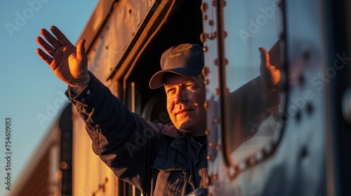 Mężczyzna w czapce z daszkiem machający z okna pociągu