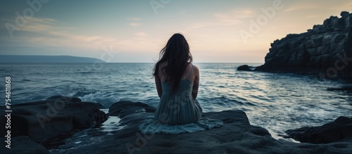 A sad woman is seated on a rock, looking out at the calm sea. Her eyes are fixed on the endless expanse of water, lost in thought and contemplation.