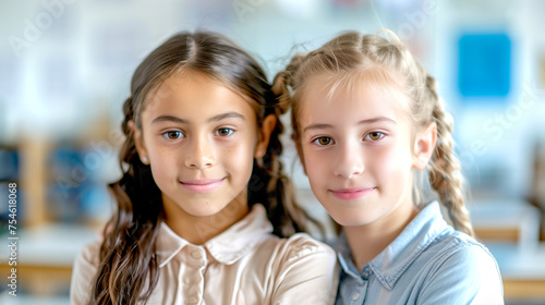 Portrait of Two Happy Schoolgirls Looking at Camera on Blurred School Background