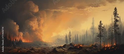 A painting depicting a raging fire engulfing trees in a forest, with thick smoke billowing up into the sky. Flames consume the underbrush, creating a fierce and destructive scene.