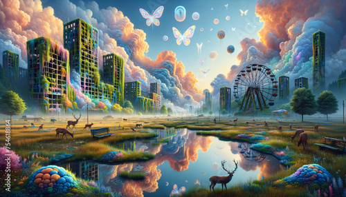 Surreal post-apocalyptic landscape with vibrant ruins and serene nature.