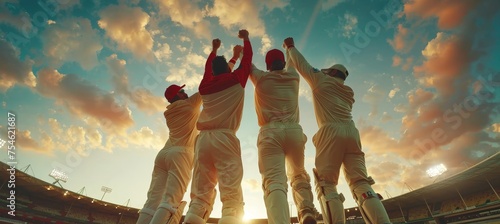 Cricket team spirit players huddling, high fiving, celebrating victory, showing synergy and unity.