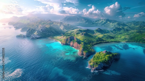 Tranquil flight above a scenic peninsula with lush hills and clear blue sea