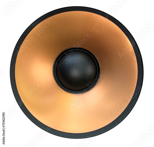 loudspeaker woofer isolated on white background (cut out gold colored subwoofer cone with black circle cap center) speaker detail close up photo