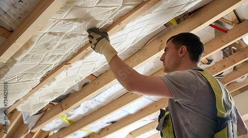 Builder Installing Insulating Board Into the Roof Of the House, heat-isolating, Construction worker thermally insulating eco a house 