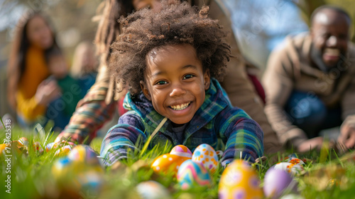 Black family with Kids on Easter egg hunt in blooming spring garden. Children searching for colorful eggs in flower meadow, family together at Easter holiday 