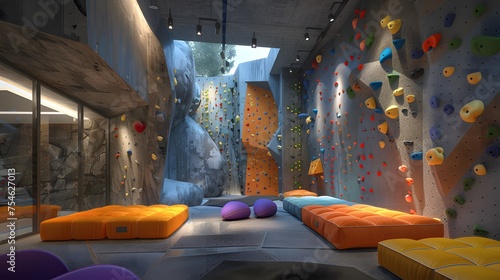 Indoor artificial rock climbing walls with coloured holds , no people