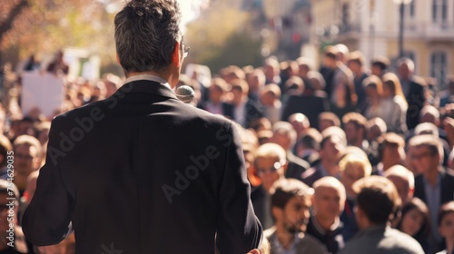 A male politician is giving a speech outdoors in front of the people.