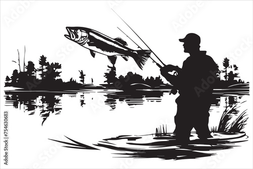 Fisherman fishing silhouette vector illustration