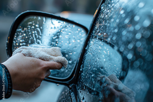 close up of a hand wiping a wet car rearview mirror with a rag