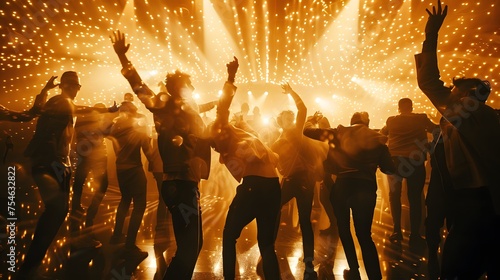 Silhouette of a group of joyous excited men dancing in luxury trendy club for an afterwork party with golden lightSilhouette of a group of joyous excited men dancing in luxury trendy club for an after