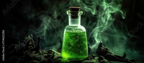 A green smoke-filled bottle rests atop a cluster of rocks in a rustic outdoor setting, showcasing the unique combination of nature and alchemy.