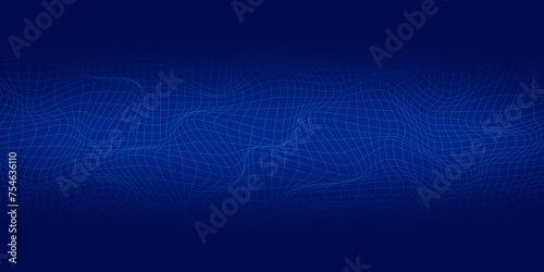 backdrop design dark blue on surface bumpy. Mesh wave pattern and moving lines on blue background. Digital science and modern technology.